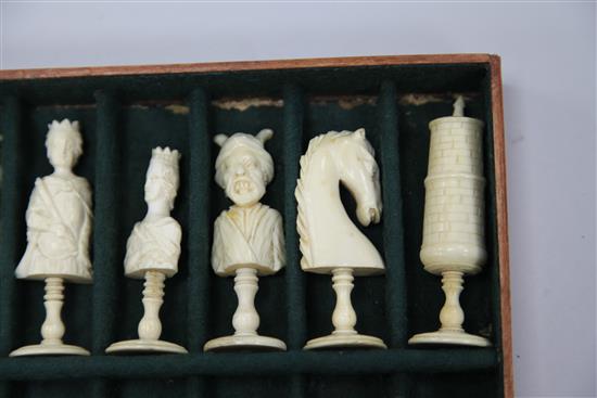 An 18th century French carved ivory Dieppe figural chess set,